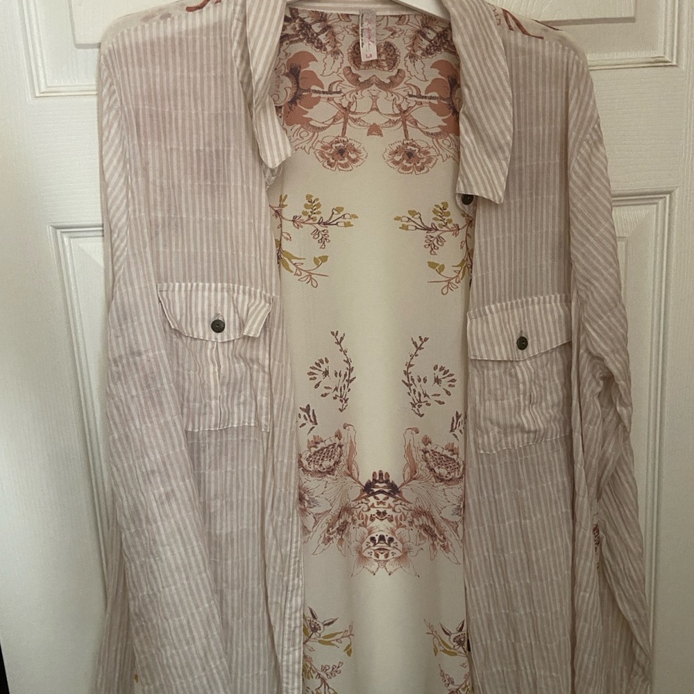 Free People Cream Lightweight Button-Down Shirt with Floral Back - Picture 2 of 7